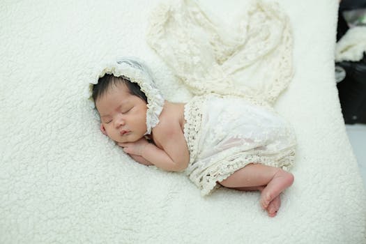 Adorable newborn baby sleeping peacefully in a soft, lace outfit on a cozy blanket.